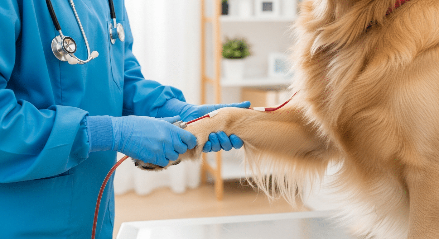 Veterinaria de Prontivet realizando una extracción de sangre a un perro tranquilo en el salón de su casa en Tordera.
