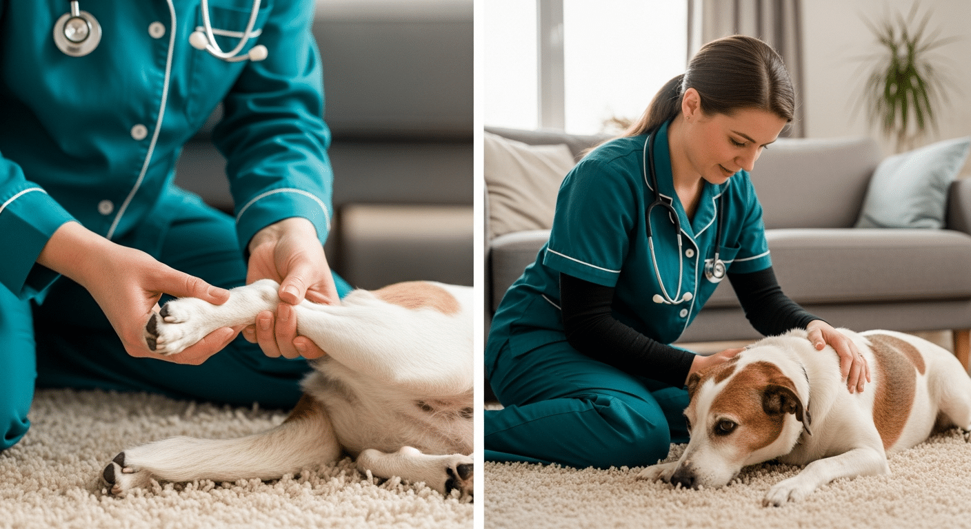 Veterinaria de Prontivet realizando un chequeo de salud a un perro labrador anciano que descansa cómodamente en su cama en el salón de su casa.