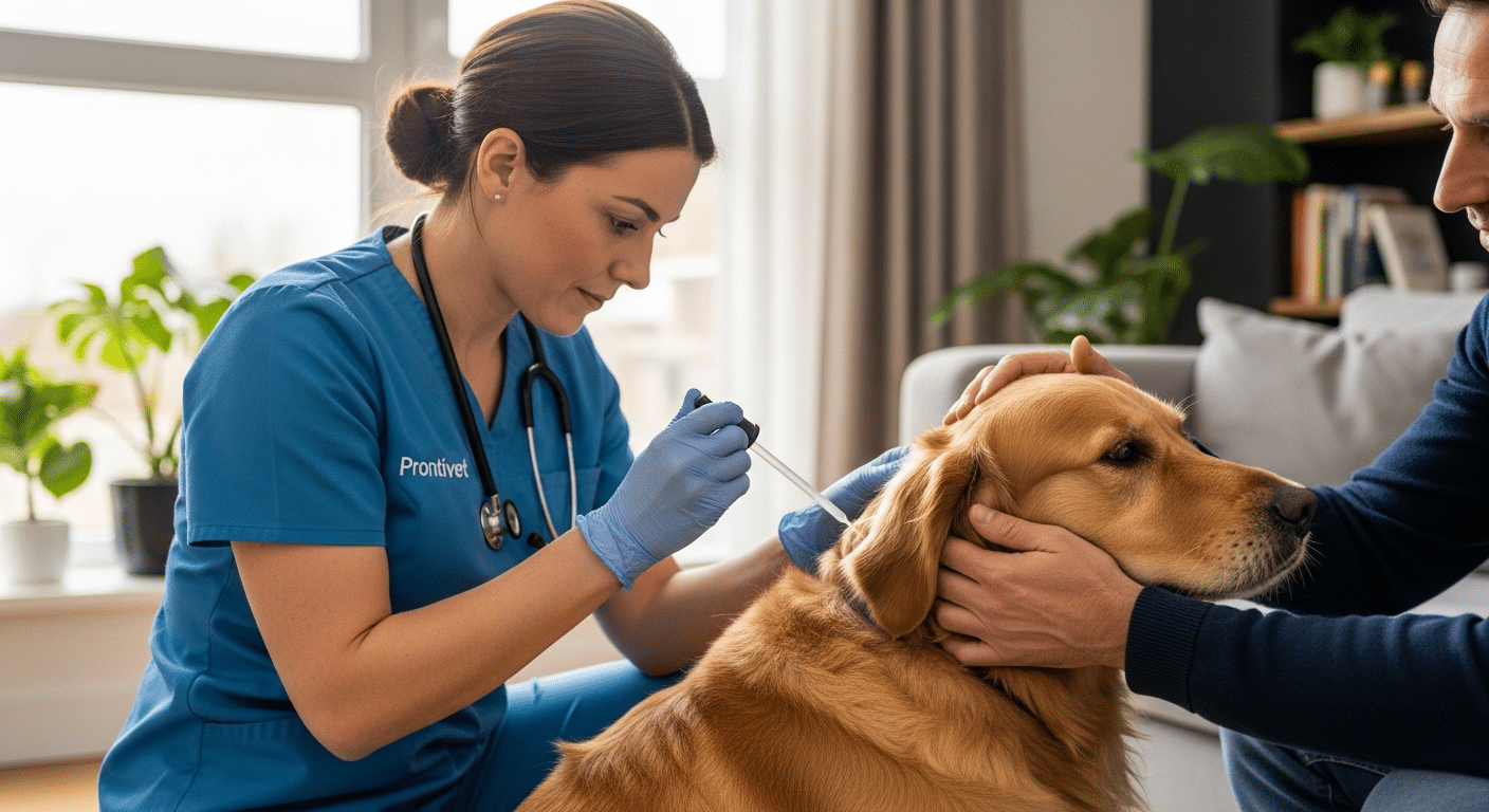 Veterinaria de Prontivet aplicando un tratamiento preventivo a un perro tranquilo en el salón de una casa en Tordera.