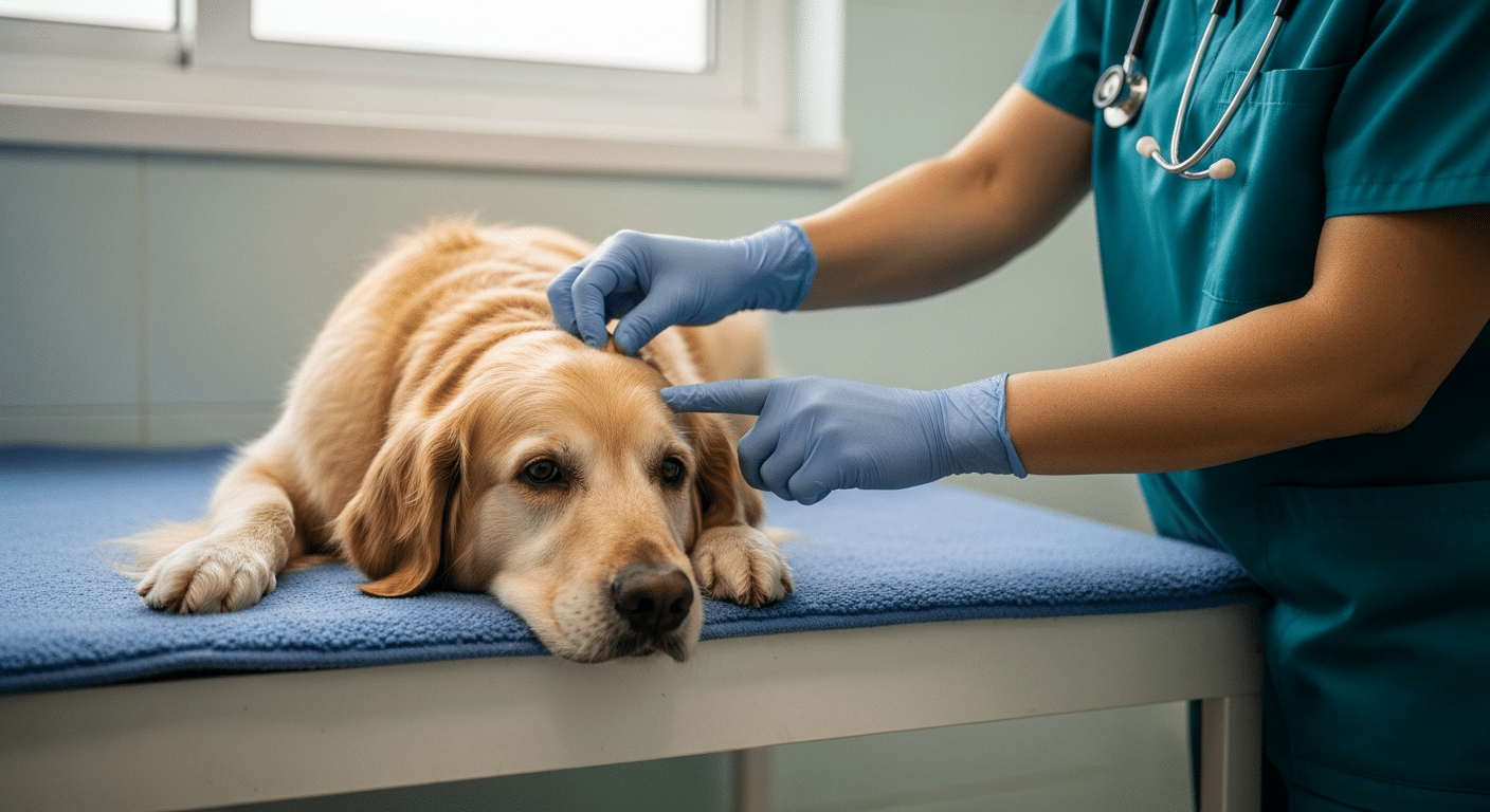 Veterinario de Prontivet realizando una revisión articular a un perro senior en el salón de una casa en Cataluña.