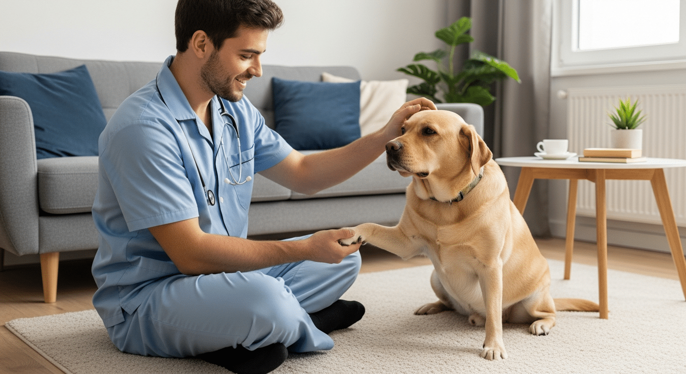 Propietario de un perro aplicando presión en una herida de la pata de su mascota de forma calmada en el salón de su casa.