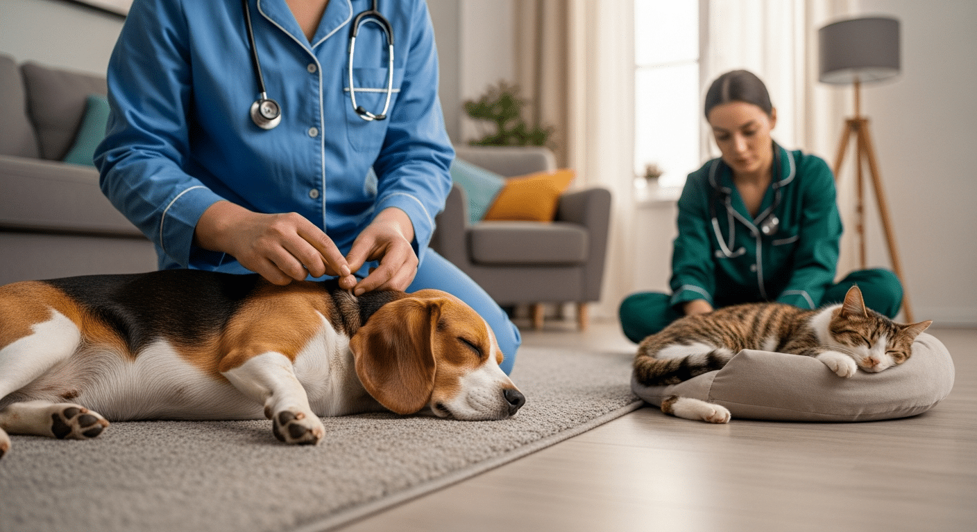 Veterinaria de Prontivet examinando con cuidado un bulto en el lomo de un perro labrador en el salón de una casa.