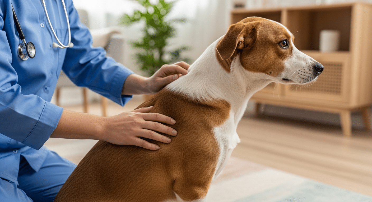 Una veterinaria de Prontivet examinando la condición corporal de un perro de raza Golden Retriever en una casa de Tordera.