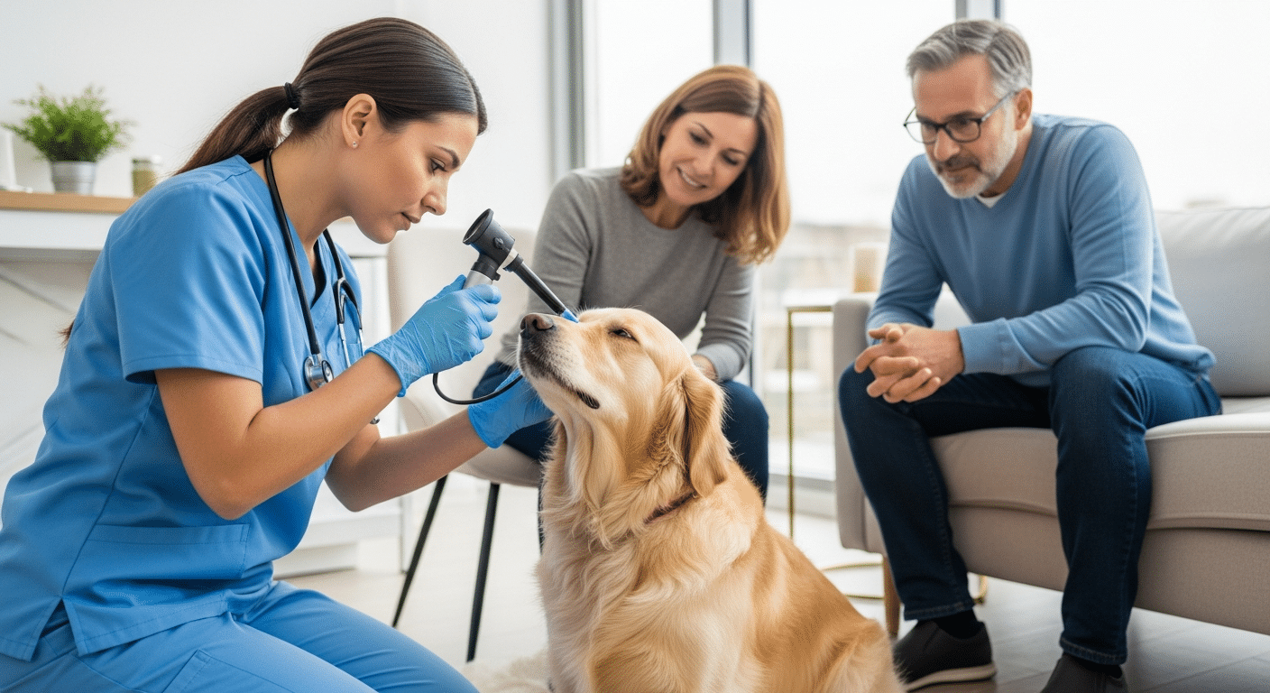 Veterinaria examinando cuidadosamente la piel del abdomen de un perro sentado en el salón de una casa.