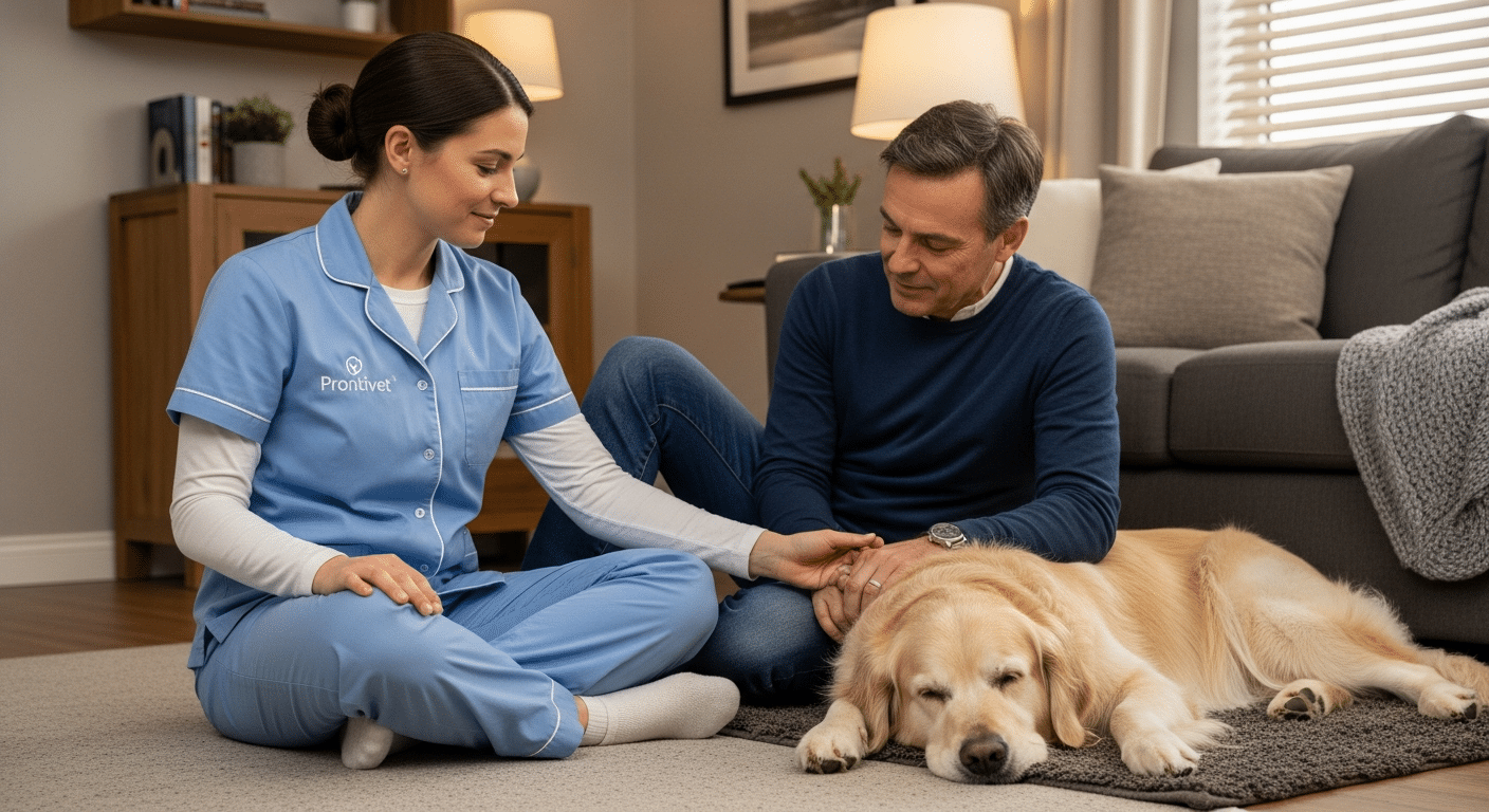 Una veterinaria de Prontivet acaricia suavemente a un perro anciano que descansa en su alfombra favorita dentro de un salón acogedor.