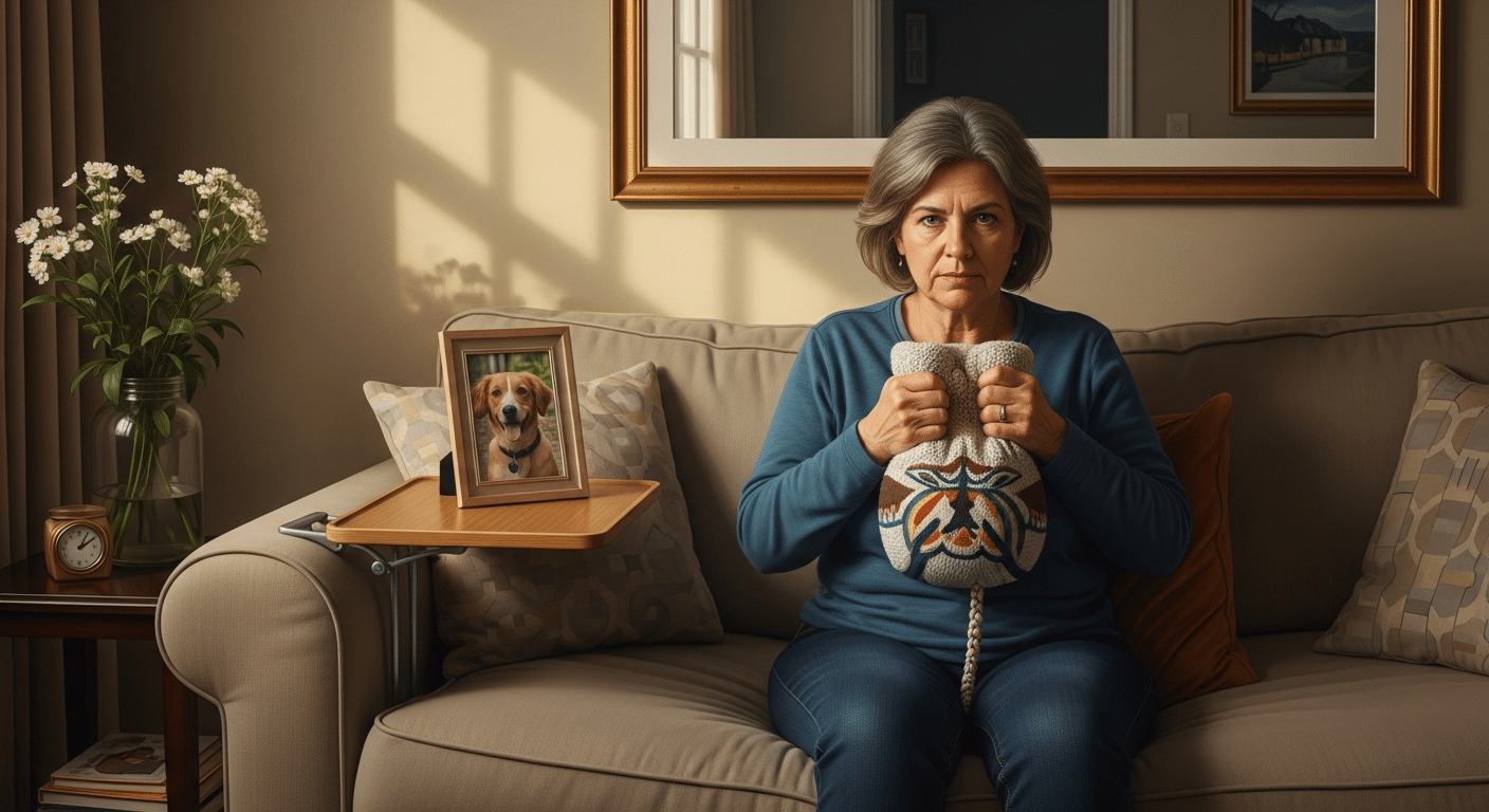 Una persona sentada en el salón de su casa mirando con nostalgia y amor una fotografía de su perro fallecido mientras sostiene una de sus mantas.