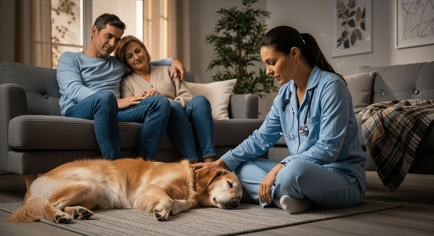 Veterinaria de Prontivet consolando a una familia y su perro anciano en el salón de su casa durante una visita de cuidados paliativos.