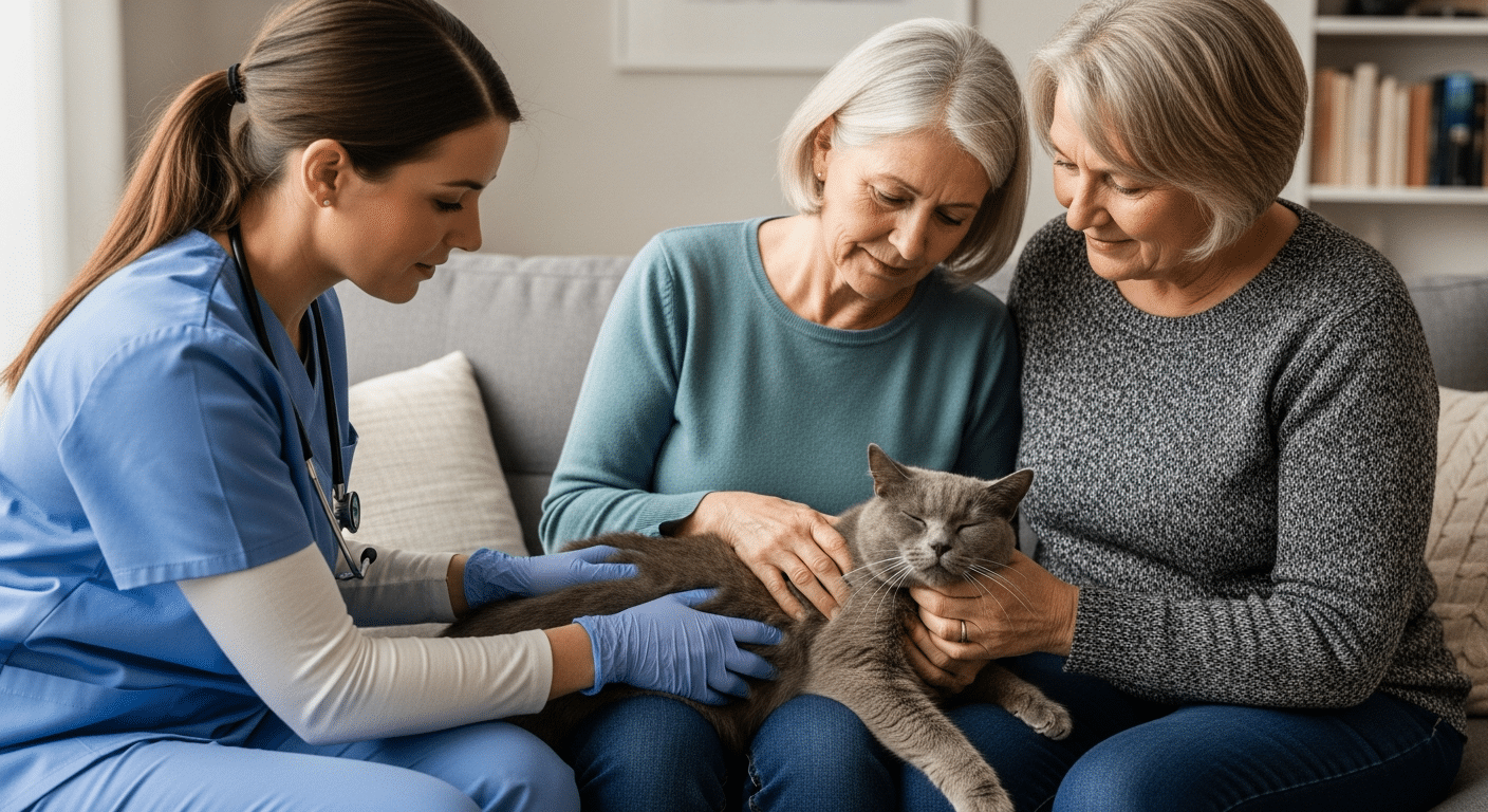 Veterinaria profesional examinando a un gato gris senior en el sofá de una casa para detectar signos de enfermedad renal.