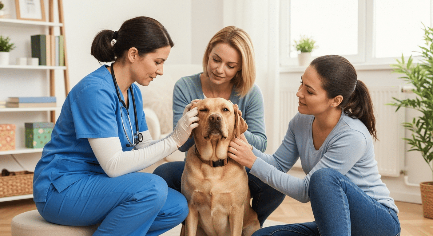 Una veterinaria examinando con un otoscopio el oído de un perro labrador en un salón doméstico.