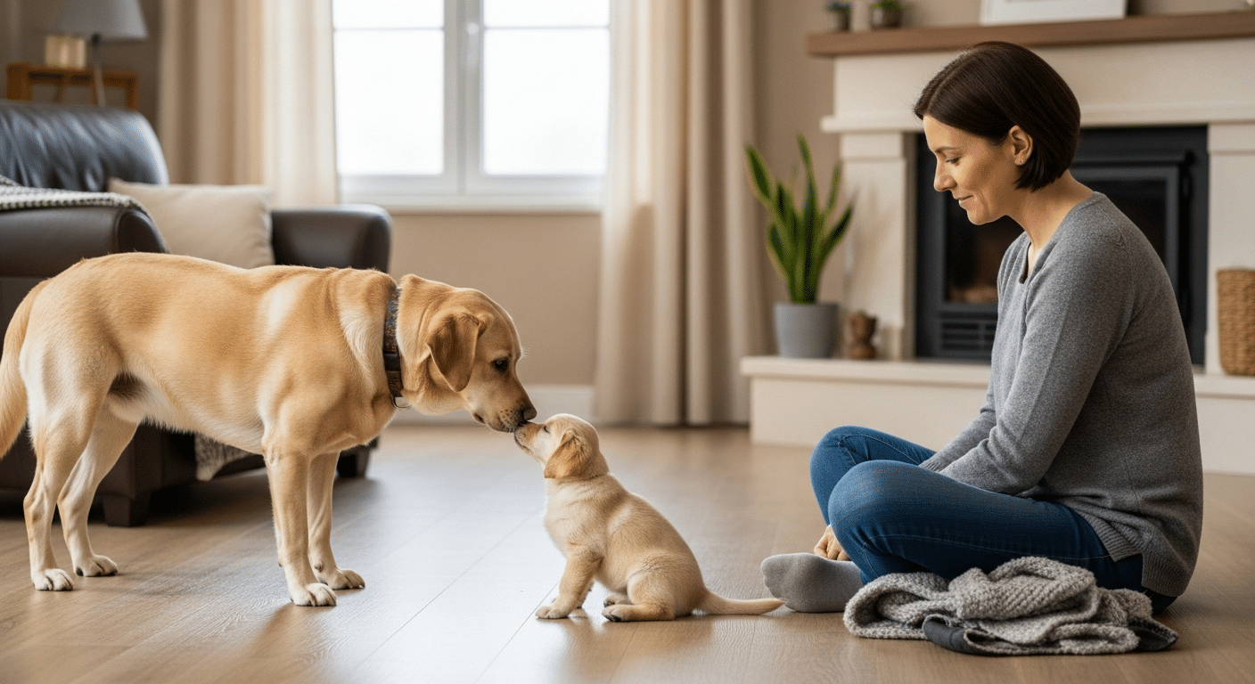 Un perro adulto y un cachorro interactuando pacíficamente en el salón de una casa bajo la supervisión de una persona adulta.