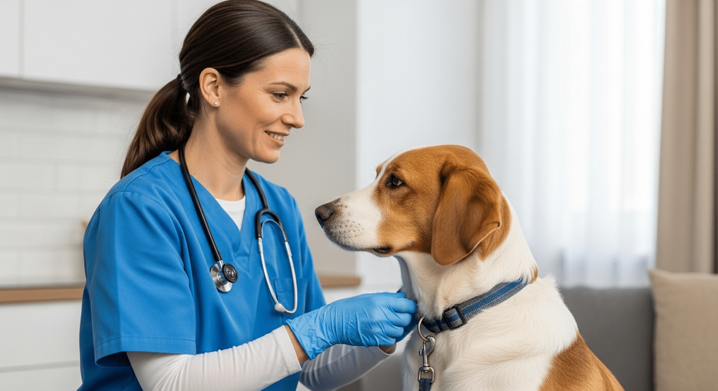 Una veterinaria profesional examinando con suavidad las articulaciones de un perro labrador senior en el salón de una casa.