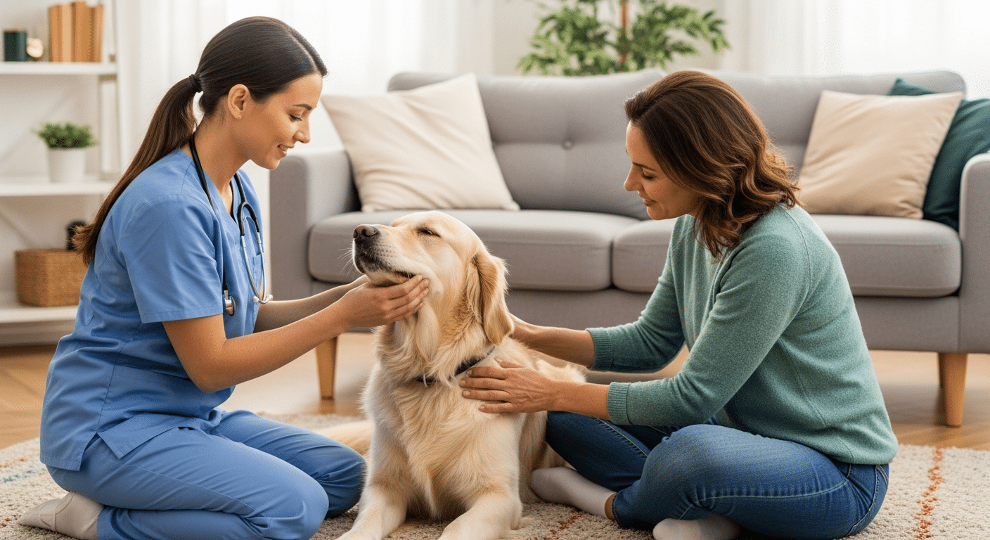 Una veterinaria examinando la dentadura de un cachorro de labrador en el suelo de un salón acogedor.