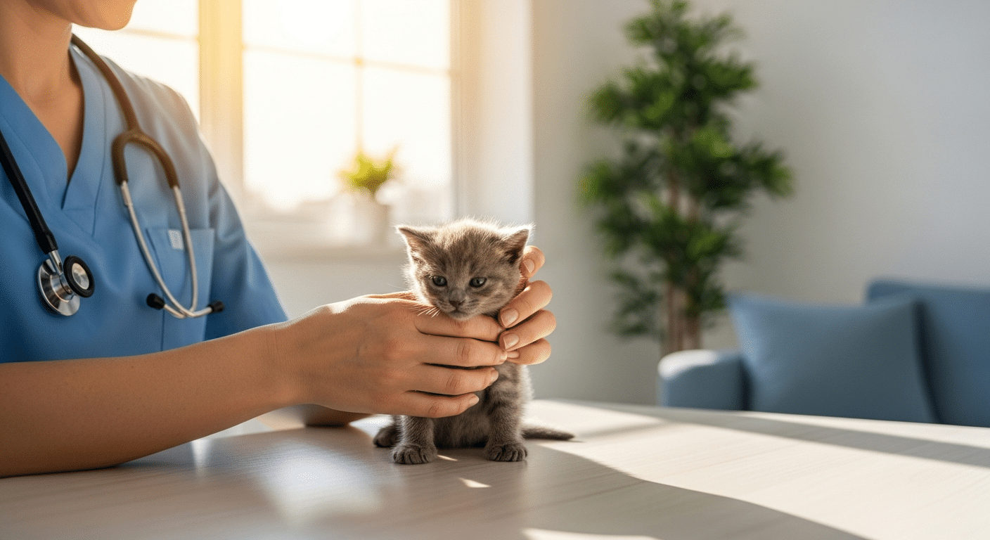 Una veterinaria examinando a un gatito pequeño en el sofá de una casa acogedora.