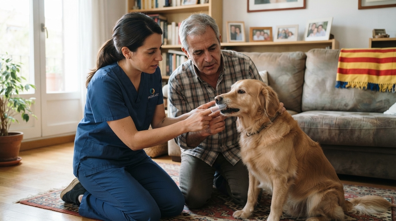 Una veterinaria de Prontivet enseñando a un hombre adulto a usar un cepillo de dientes para perros en el salón de su casa.