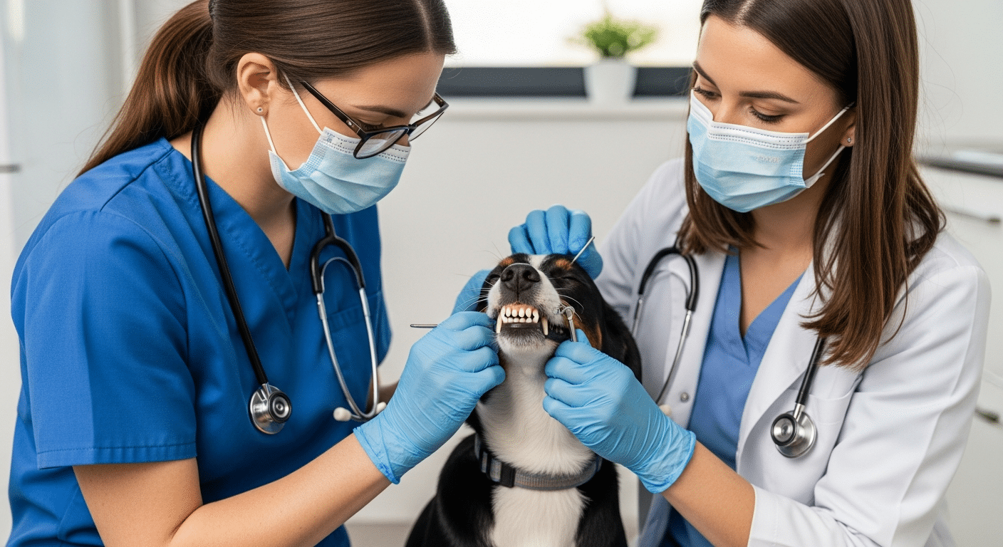 Veterinaria examinando la boca de un perro labrador en el sofá de su casa de forma tranquila.