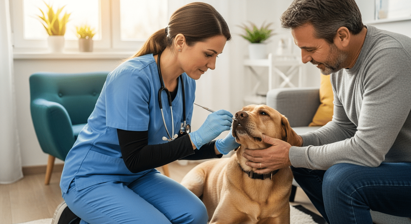 Una veterinaria profesional examinando la dentadura de un perro en el salón de una casa