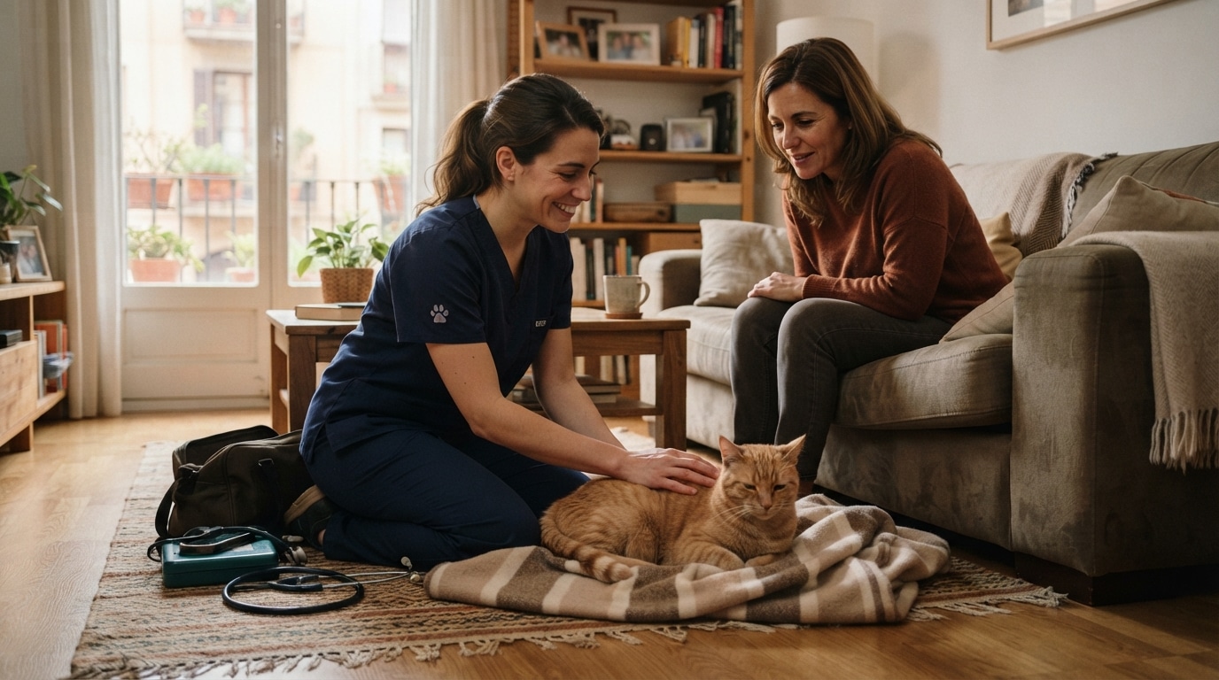 Veterinaria examinando a un gato atigrado de forma relajada sobre una alfombra en un salón doméstico.