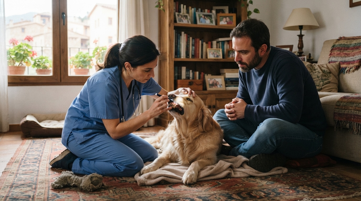 Veterinaria examinando la lengua de un perro tras contacto con procesionaria en un domicilio.